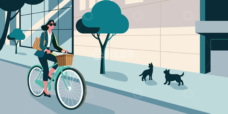 高清大图下载【趣麦麦图】早晨上班族骑行小清新扁平卡通插画