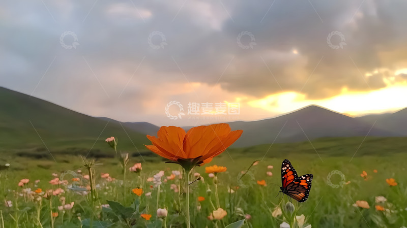 高清大图下载【趣麦麦图】蝴蝶与红花3