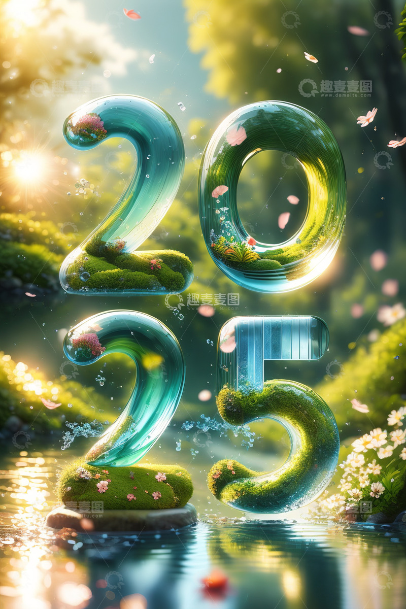 2025绿色草地立体字AI插画海报素材