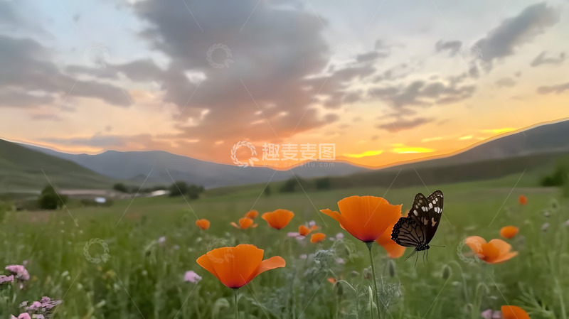 高清大图下载【趣麦麦图】蝴蝶与红花