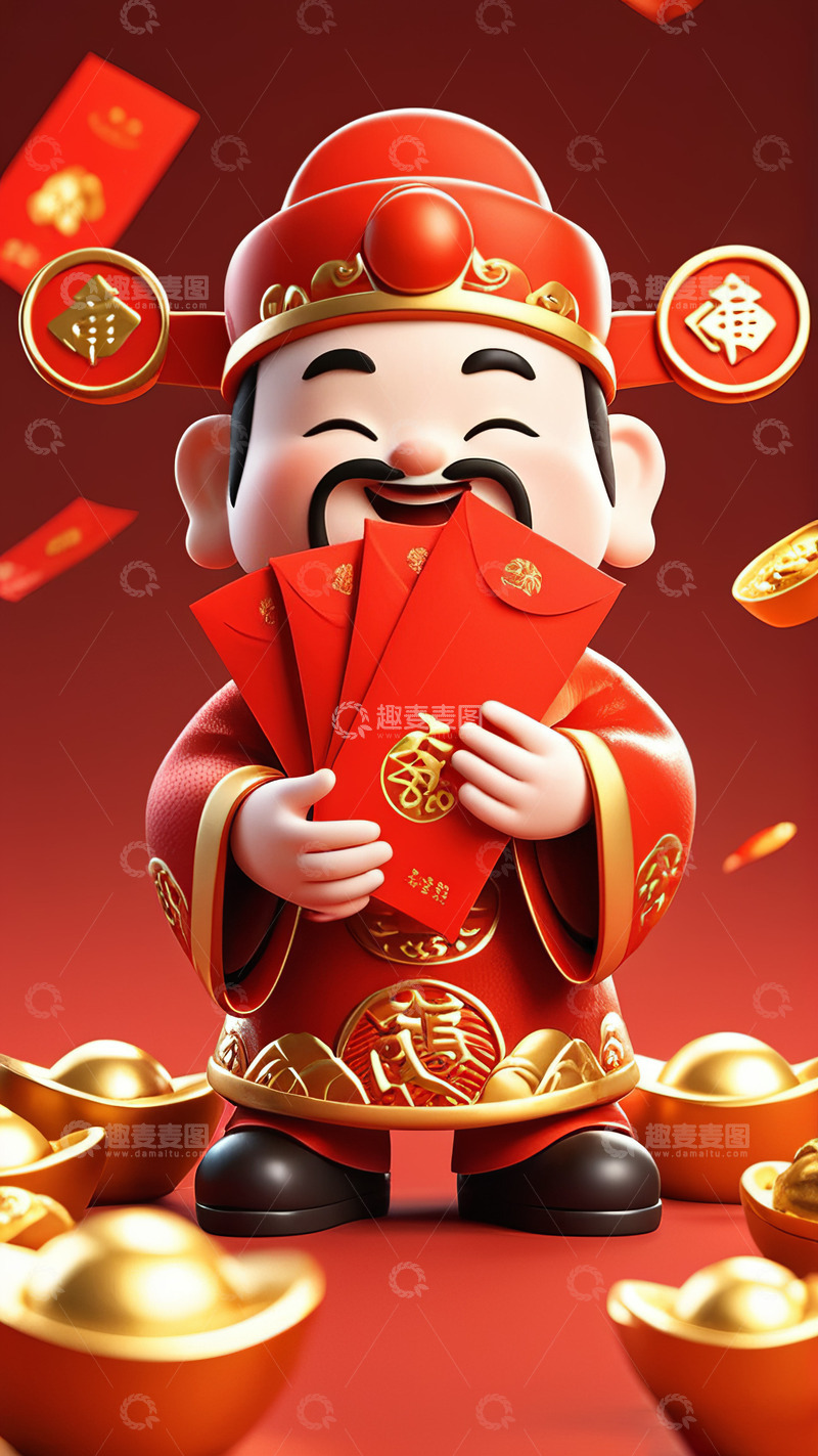 高清大图下载【趣麦麦图】发红包喜庆财神AI插画海报图片素材3