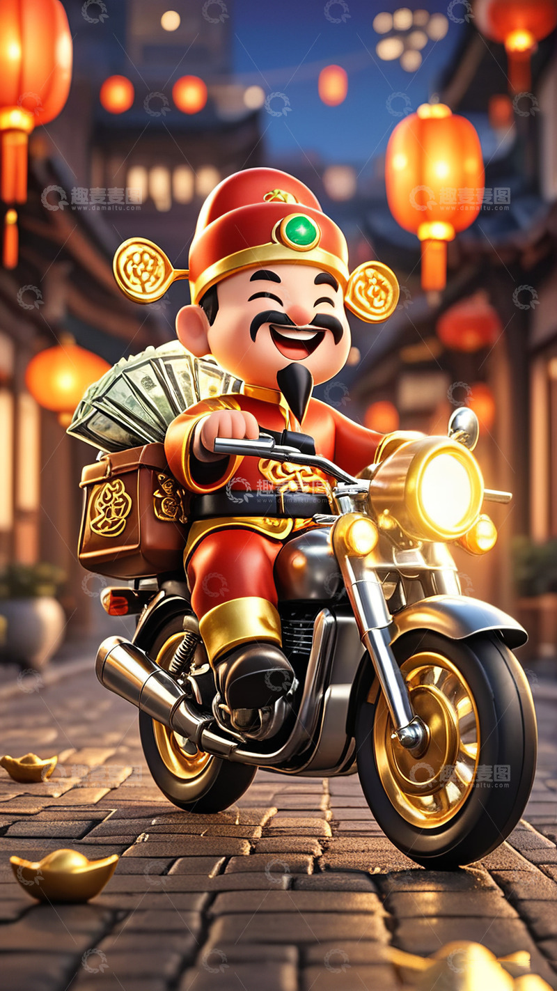 高清大图下载【趣麦麦图】骑摩托的喜庆财神AI插画海报图片素材1