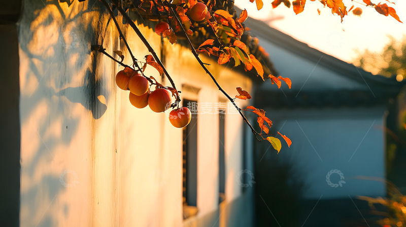 秋天中式建筑前的柿子树4
