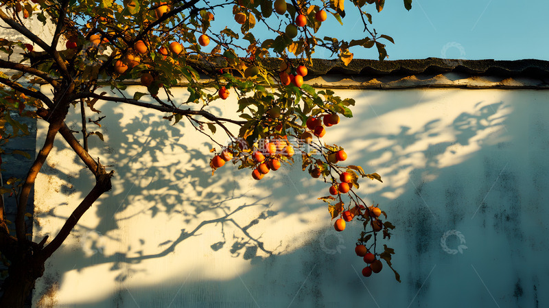 秋天中式建筑前的柿子树