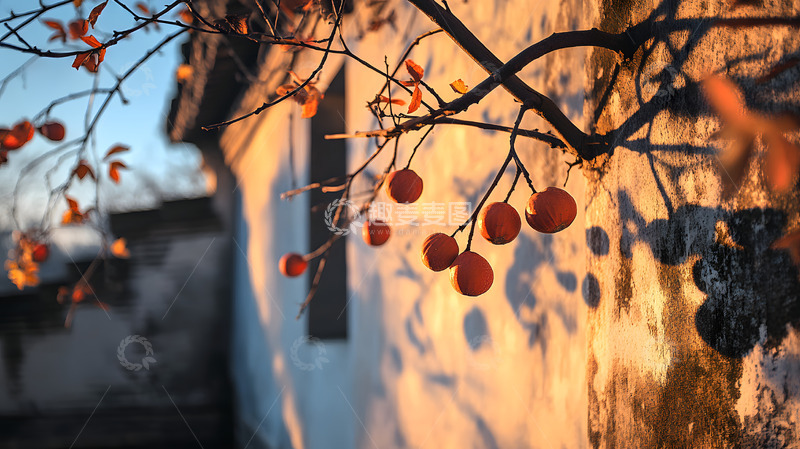 秋天中式建筑前的柿子树5