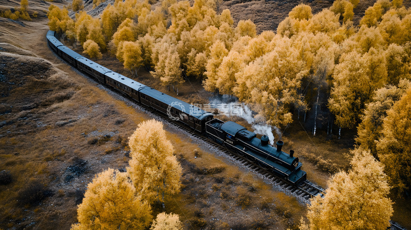 高清大图下载【趣麦麦图】穿越秋天山林的列车2