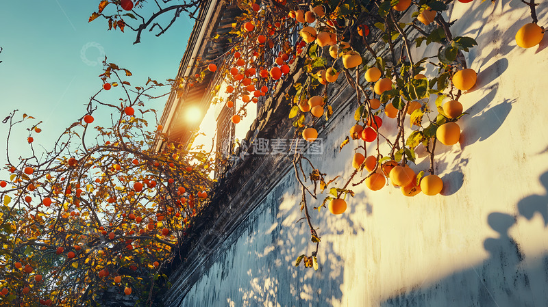 高清大图下载【趣麦麦图】秋天中式建筑前的柿子树2