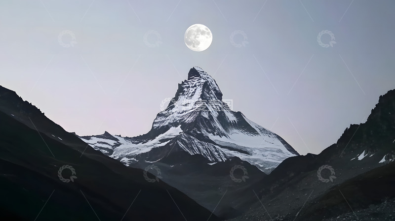 高清大图下载【趣麦麦图】雪山与月亮冷峻风装饰素材3