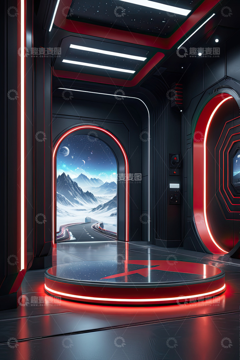 高清大图下载【趣麦麦图】室内圆形舞台产品展台AI插画高清海报背景1