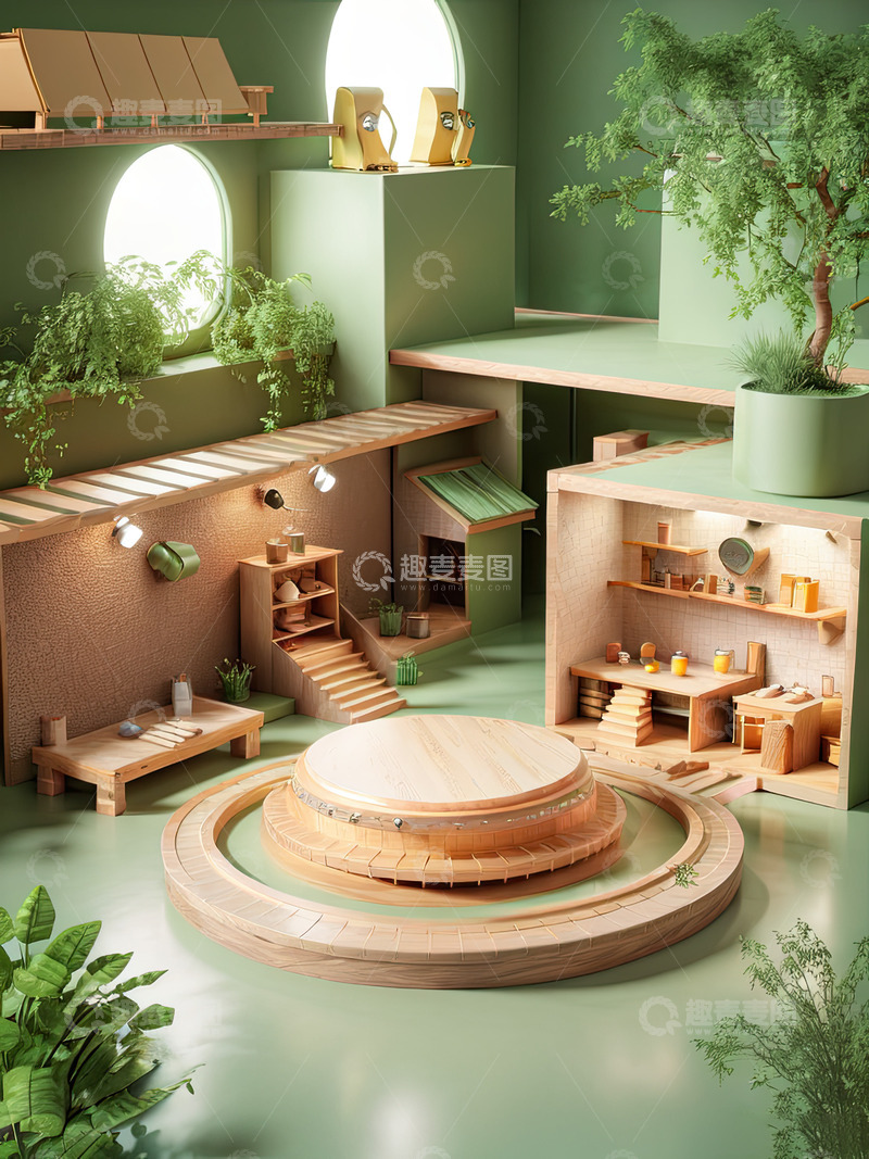 高清大图下载【趣麦麦图】室内圆形舞台产品展台AI插画高清海报背景