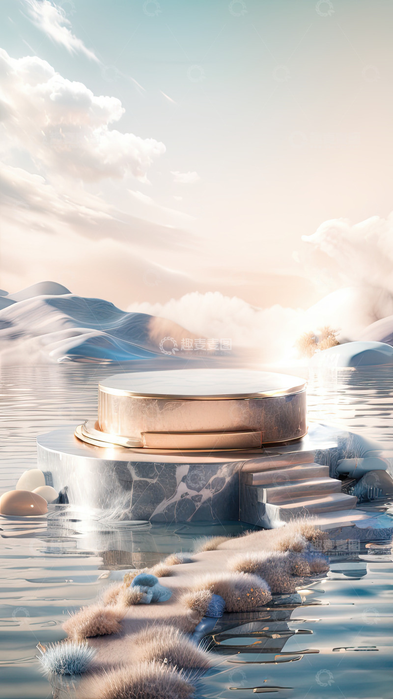 高清大图下载【趣麦麦图】湖面电商化妆品展台AI插画高清海报背景素13