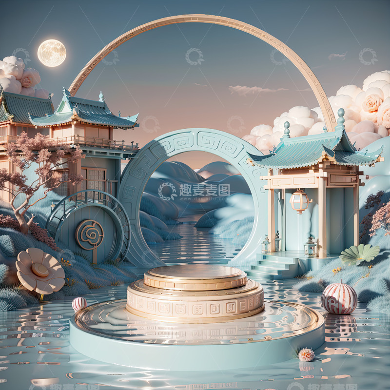 高清大图下载【趣麦麦图】湖面电商化妆品展台AI插画高清海报背景素19