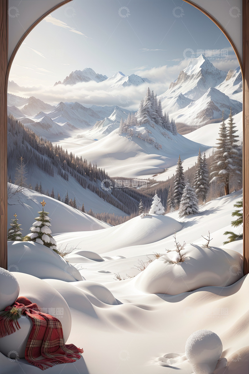 高清大图下载【趣麦麦图】圣诞节雪地森林产品展台AI插画高清海报背10