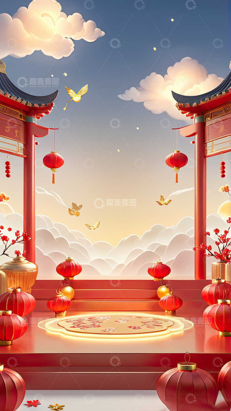 高清大图下载【趣麦麦图】中国风喜庆活动产品展台AI插画高清海报背6