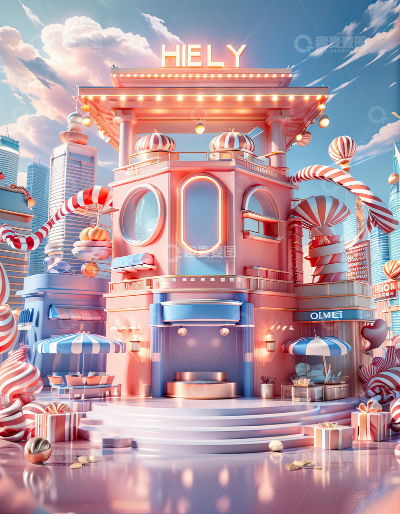 高清大图下载【趣麦麦图】电商大促活动产品展台AI插画高清海报背景1