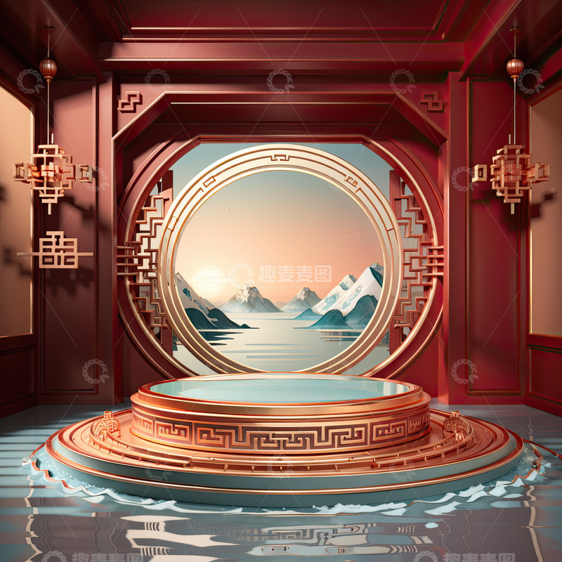 高清大图下载【趣麦麦图】中国风喜庆活动产品展台AI插画高清海报背9