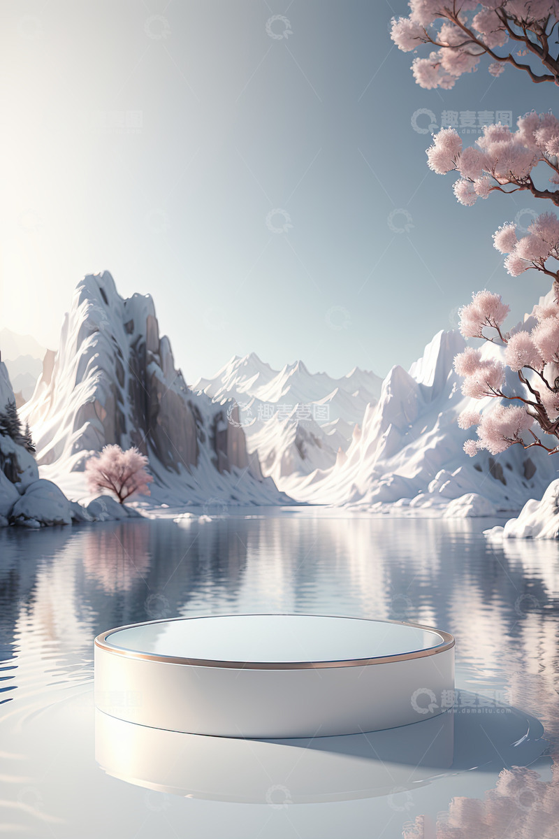 高清大图下载【趣麦麦图】湖面电商化妆品展台AI插画高清海报背景素8