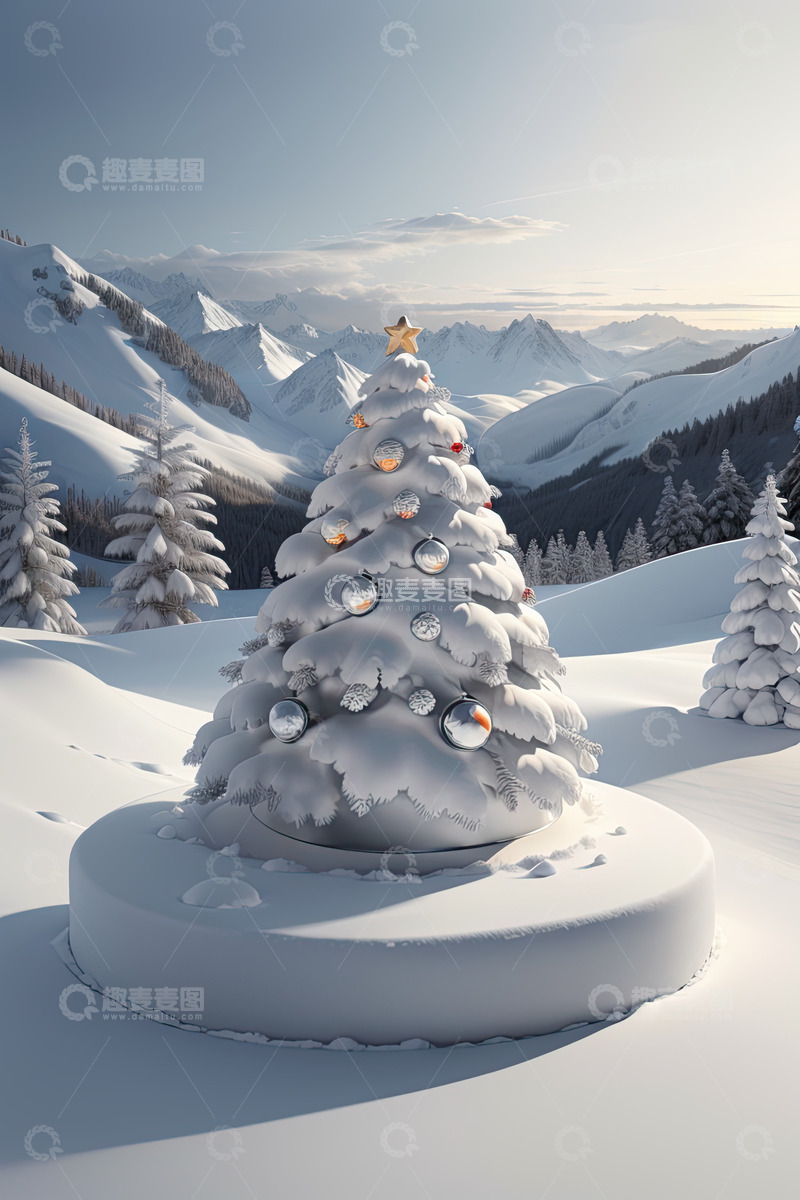 高清大图下载【趣麦麦图】圣诞节雪地森林产品展台AI插画高清海报背6