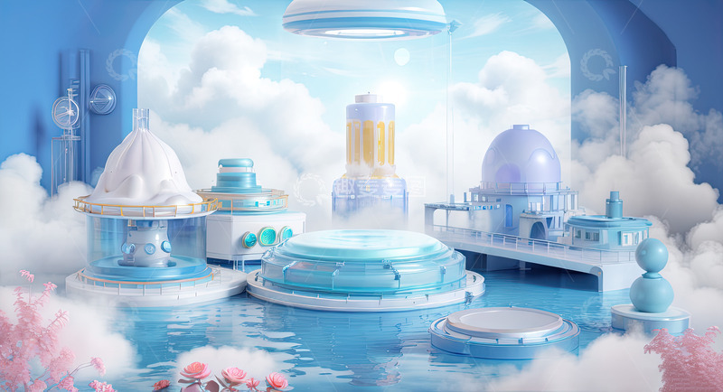 高清大图下载【趣麦麦图】湖面电商化妆品展台AI插画高清海报背景素16