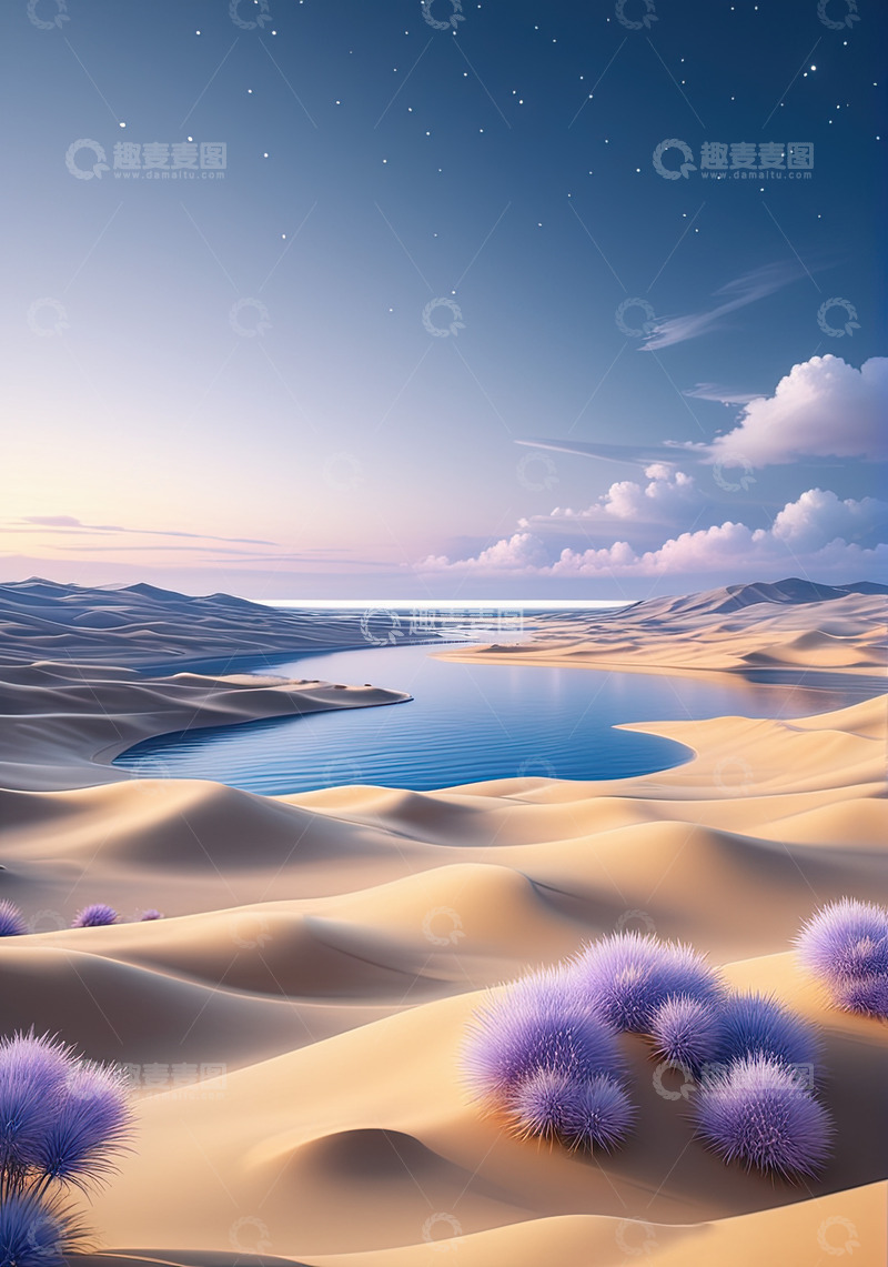 高清大图下载【趣麦麦图】户外沙漠绿洲旷野AI插画高清海报背景素材3