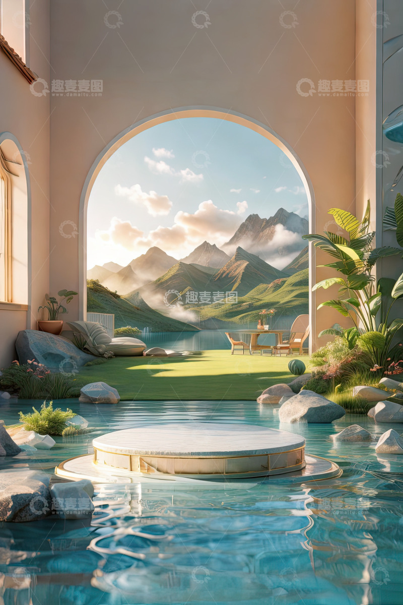 高清大图下载【趣麦麦图】湖面电商化妆品展台AI插画高清海报背景素12