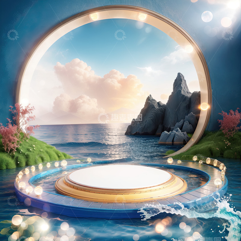 高清大图下载【趣麦麦图】湖面电商化妆品展台AI插画高清海报背景素10
