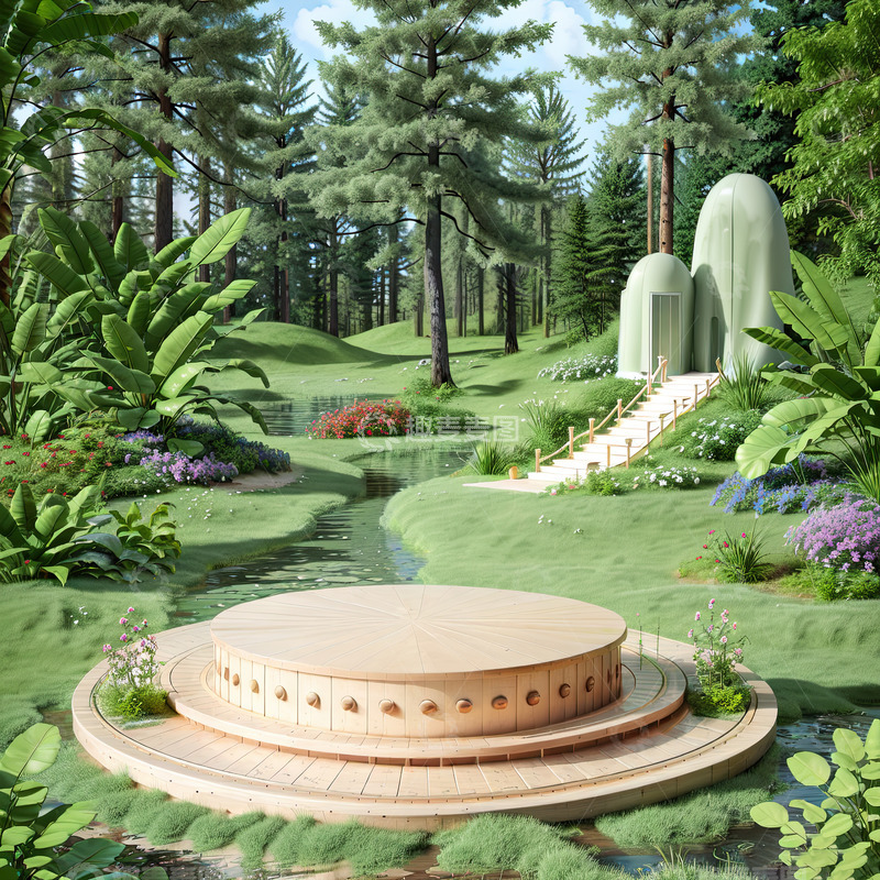 高清大图下载【趣麦麦图】绿色森林圆形展台AI插画高清海报背景素材2