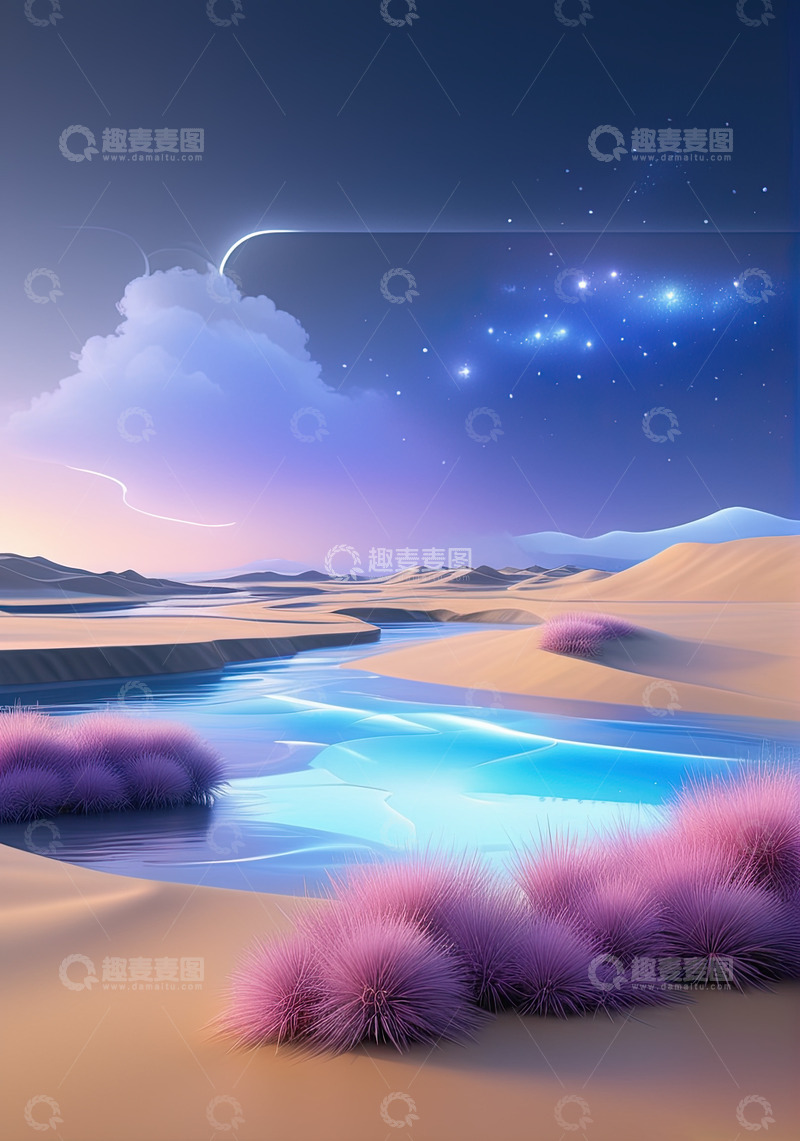 高清大图下载【趣麦麦图】户外沙漠绿洲旷野AI插画高清海报背景素材