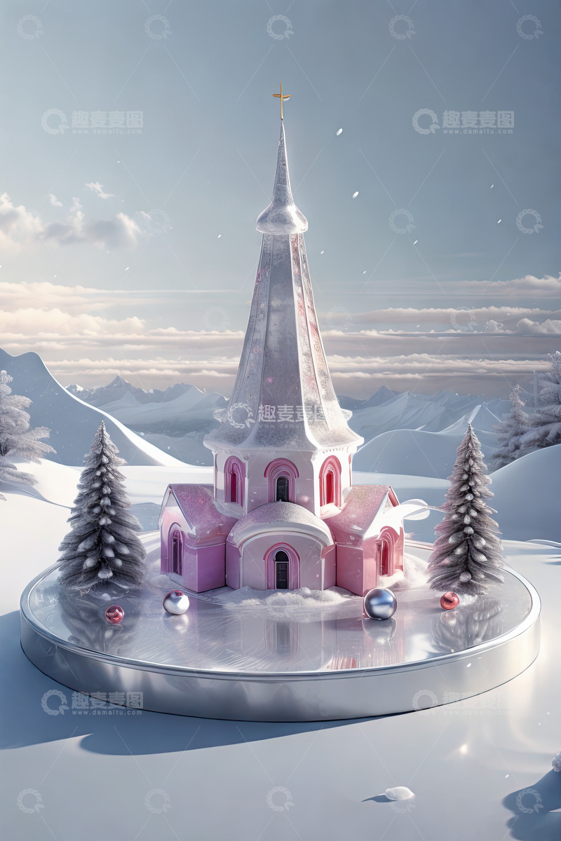 高清大图下载【趣麦麦图】圣诞节雪地森林产品展台AI插画高清海报背