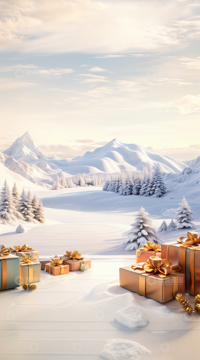高清大图下载【趣麦麦图】圣诞节雪地森林产品展台AI插画高清海报背7
