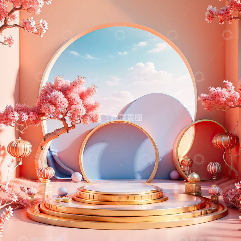 高清大图下载【趣麦麦图】橙色圆形促销产品展台AI插画高清海报背景2