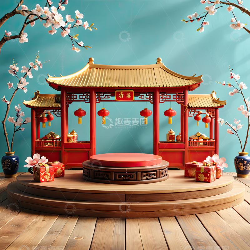 高清大图下载【趣麦麦图】中国风喜庆活动产品展台AI插画高清海报背