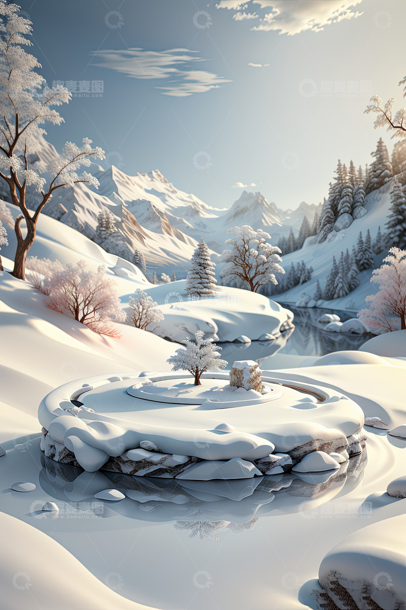 高清大图下载【趣麦麦图】湖面电商化妆品展台AI插画高清海报背景素14