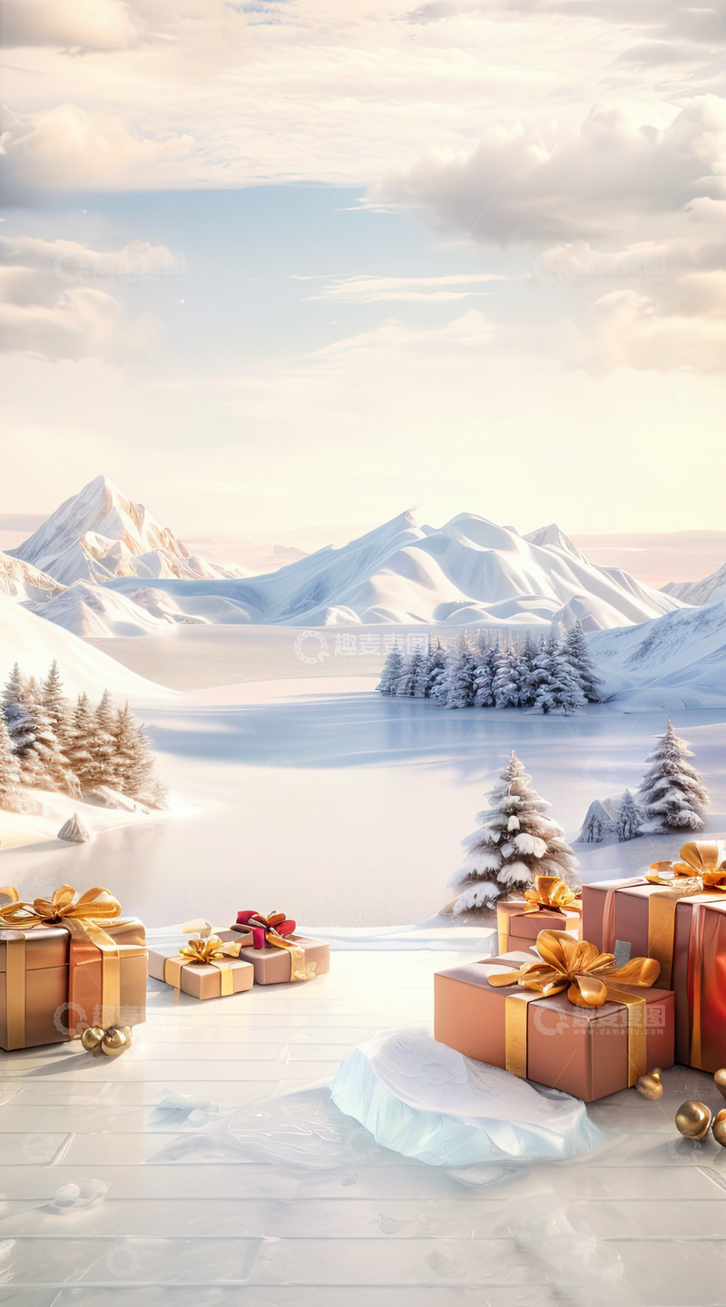 高清大图下载【趣麦麦图】圣诞节雪地森林产品展台AI插画高清海报背2