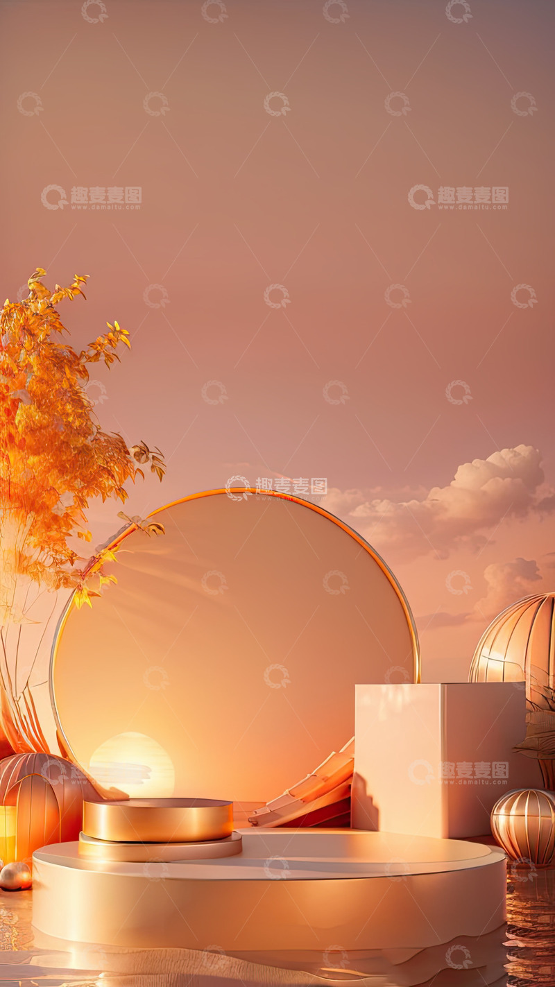 高清大图下载【趣麦麦图】橙色圆形促销产品展台AI插画高清海报背景6