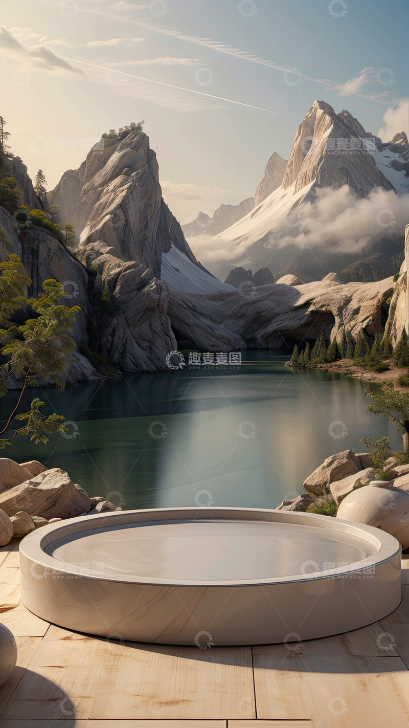 高清大图下载【趣麦麦图】湖面电商化妆品产品展台AI插画高清海报背18