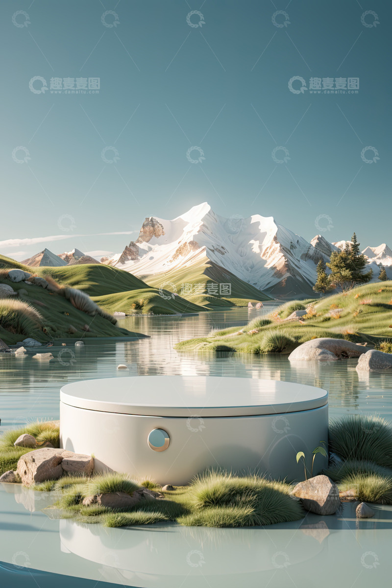 高清大图下载【趣麦麦图】湖面电商化妆品产品展台AI插画高清海报背29