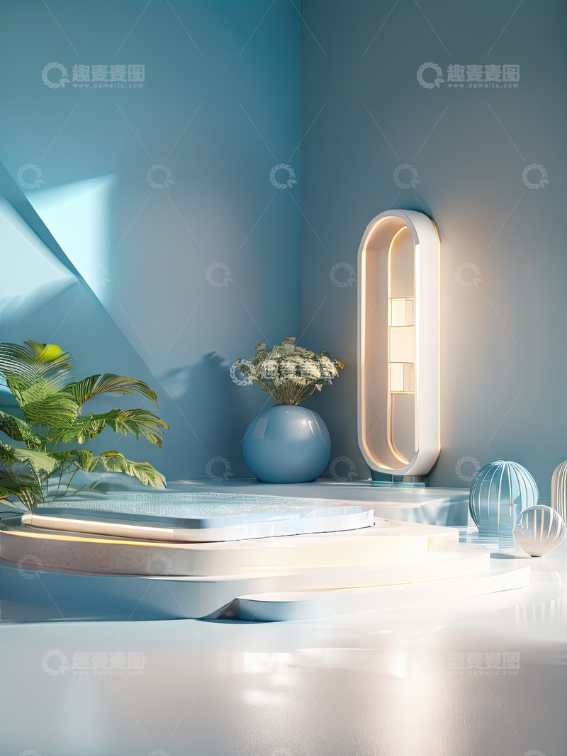 高清大图下载【趣麦麦图】湖面电商化妆品产品展台AI插画高清海报背3