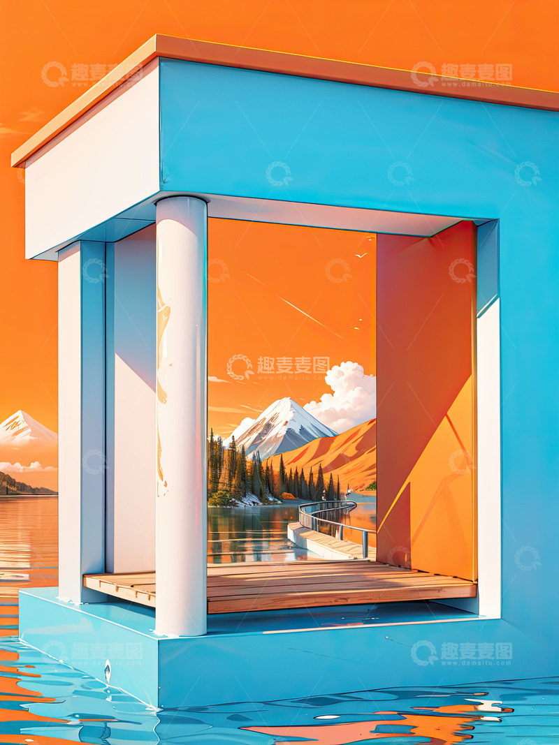 高清大图下载【趣麦麦图】湖面电商化妆品产品展台AI插画高清海报背8