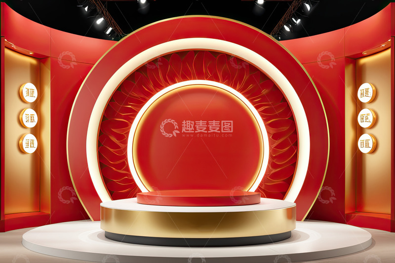 高清大图下载【趣麦麦图】红色圆形电商产品展台AI插画高清海报背景29