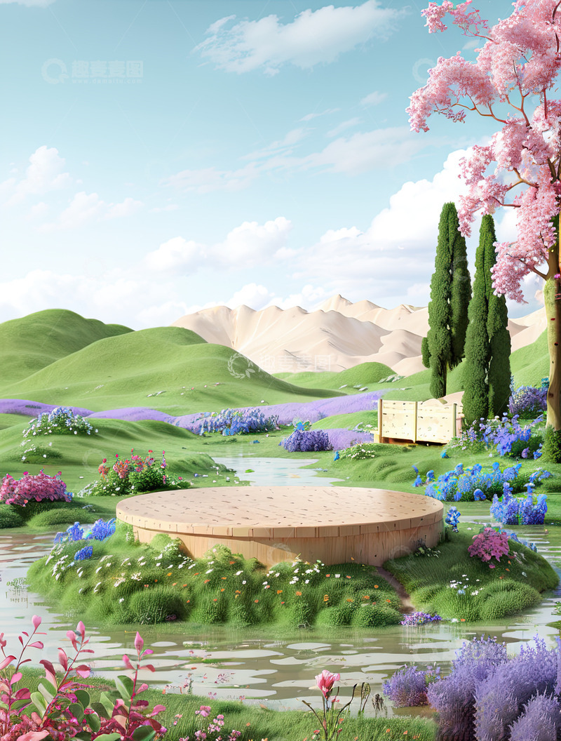 高清大图下载【趣麦麦图】湖面电商化妆品产品展台AI插画高清海报背22