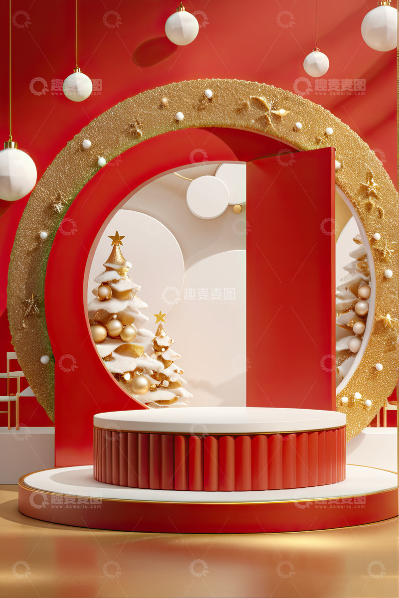 高清大图下载【趣麦麦图】红色圆形电商产品展台AI插画高清海报背景