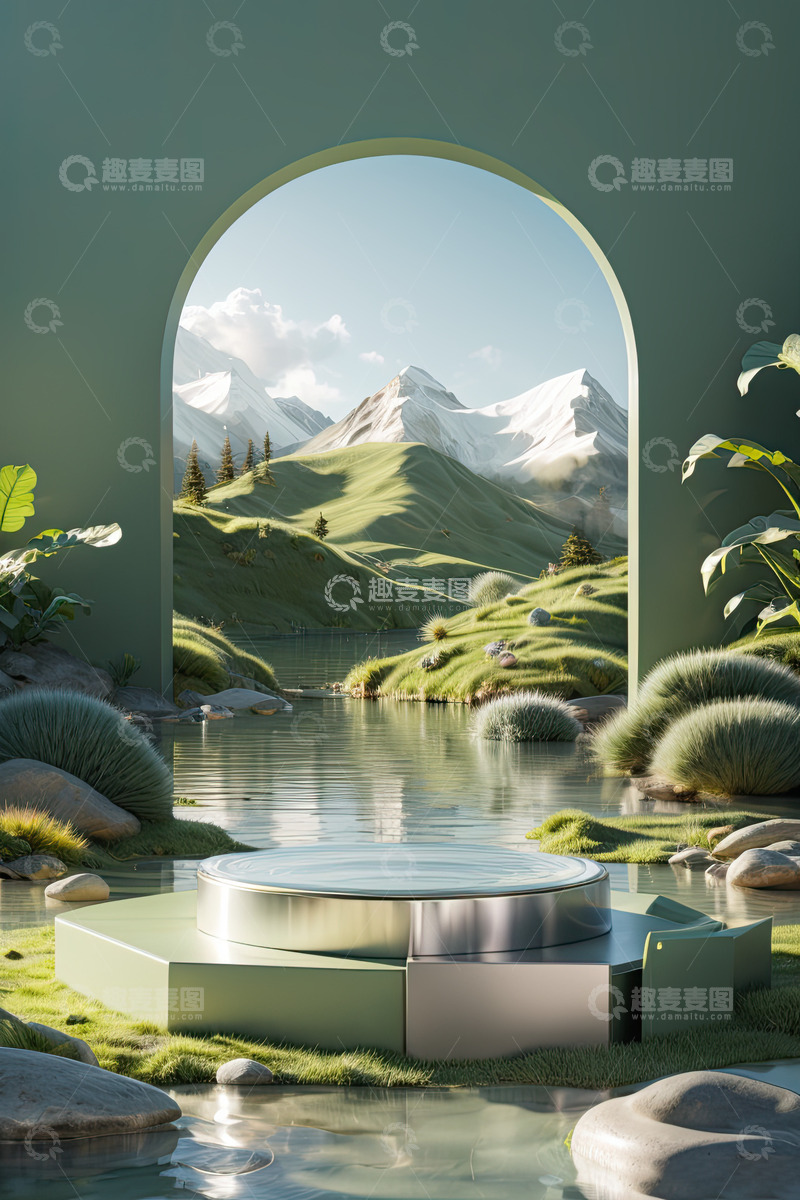 高清大图下载【趣麦麦图】湖面电商化妆品展台AI插画高清海报背景素3