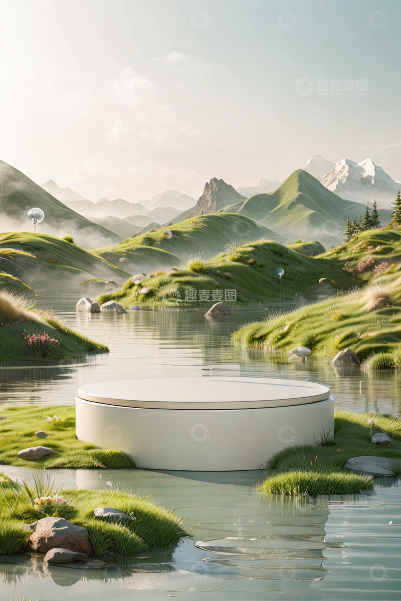 高清大图下载【趣麦麦图】湖面电商化妆品展台AI插画高清海报背景素2