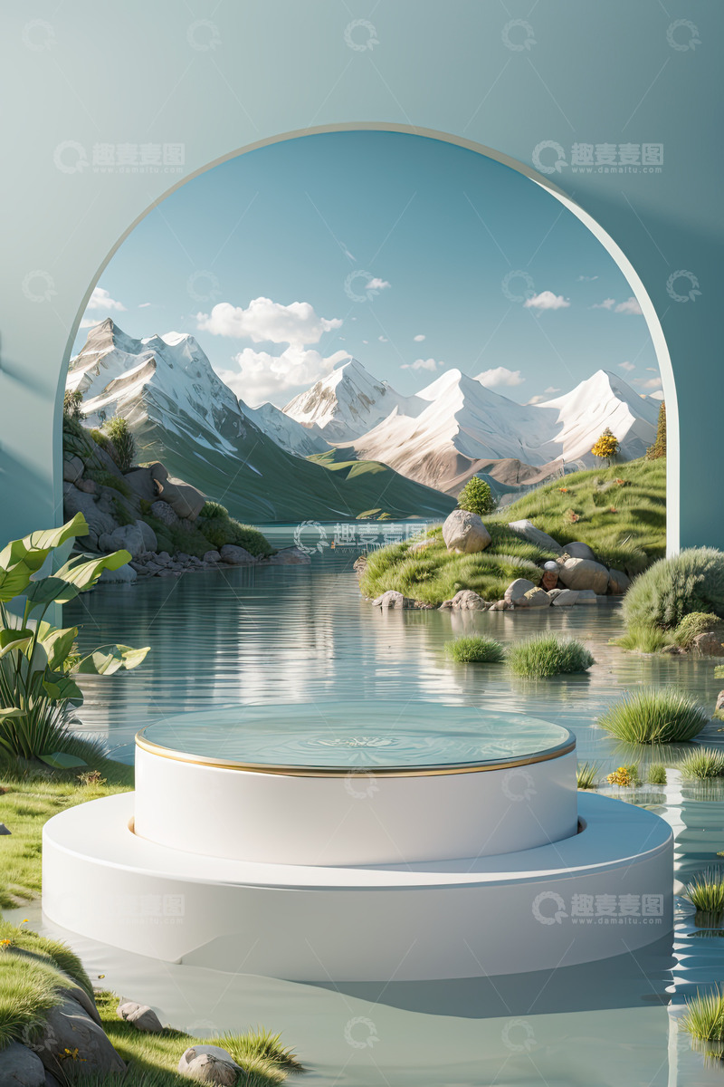 高清大图下载【趣麦麦图】湖面电商化妆品展台AI插画高清海报背景素5
