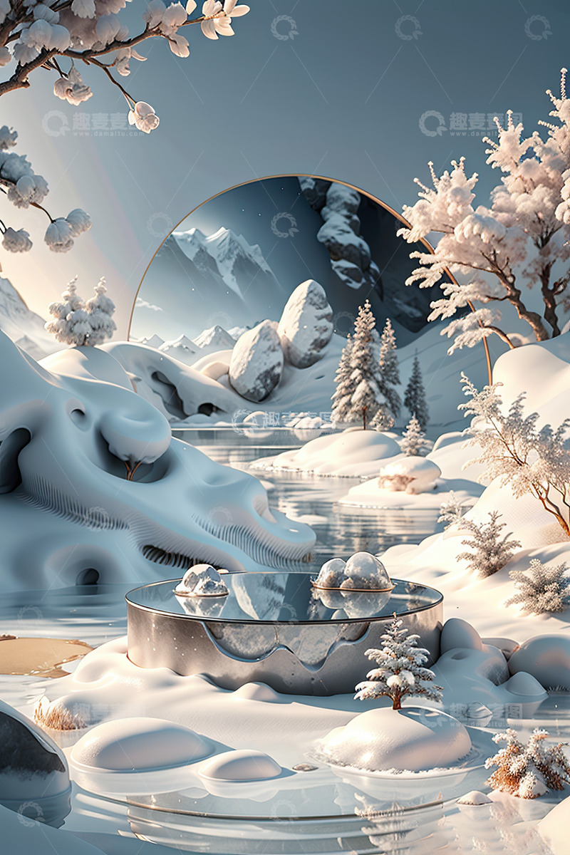 高清大图下载【趣麦麦图】湖面电商化妆品产品展台AI插画高清海报背15