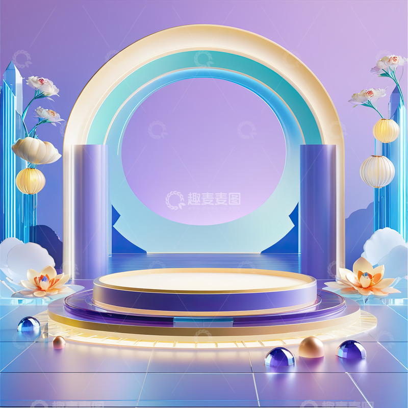 高清大图下载【趣麦麦图】紫色电商产品圆形展台AI插画高清海报背景