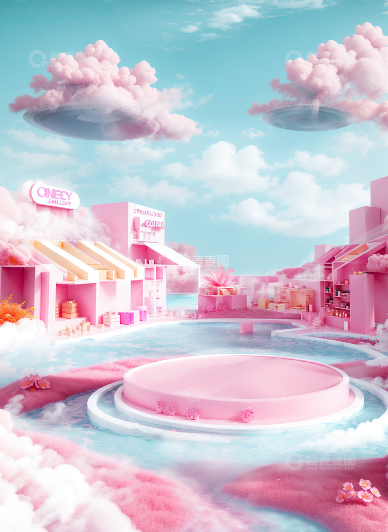 高清大图下载【趣麦麦图】粉色圆形化妆品产品展台AI插画高清海报背