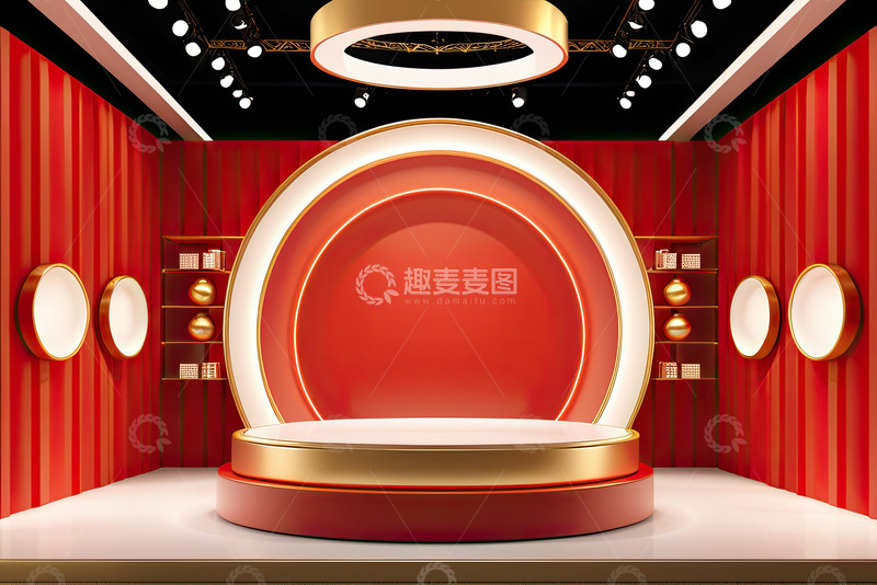 高清大图下载【趣麦麦图】红色圆形电商产品展台AI插画高清海报背景9