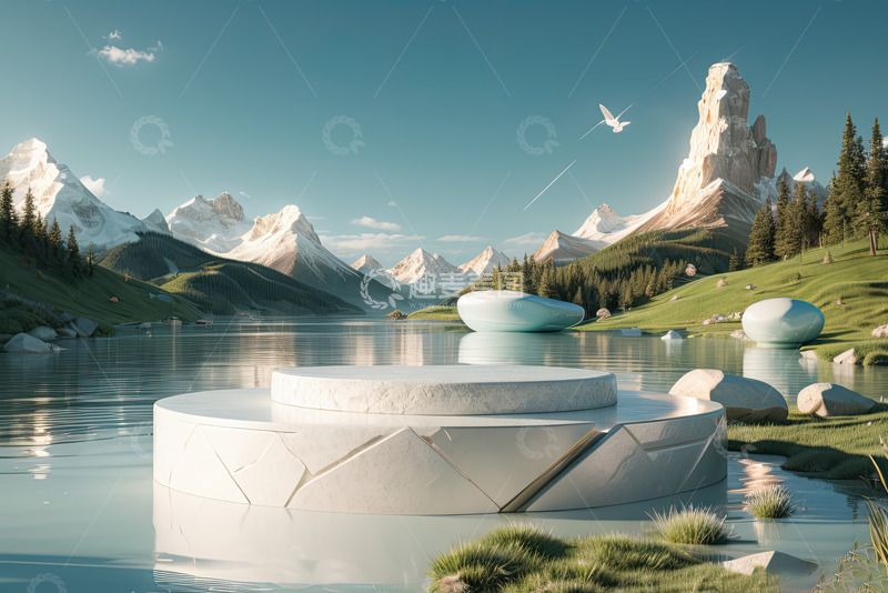 高清大图下载【趣麦麦图】湖面电商化妆品产品展台AI插画高清海报背13